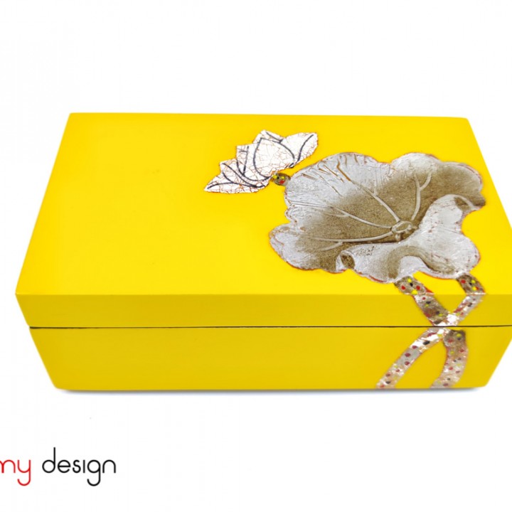 Yellow rectangular lacquer box hand-painted with lotus 8*14*H5 cm